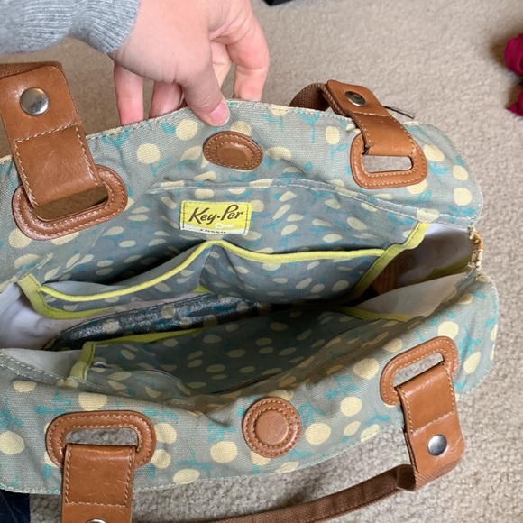 FOSSIL KEYPER waxed canvas w leather trim fun polka dot circle strip pattern - Picture 6 of 9